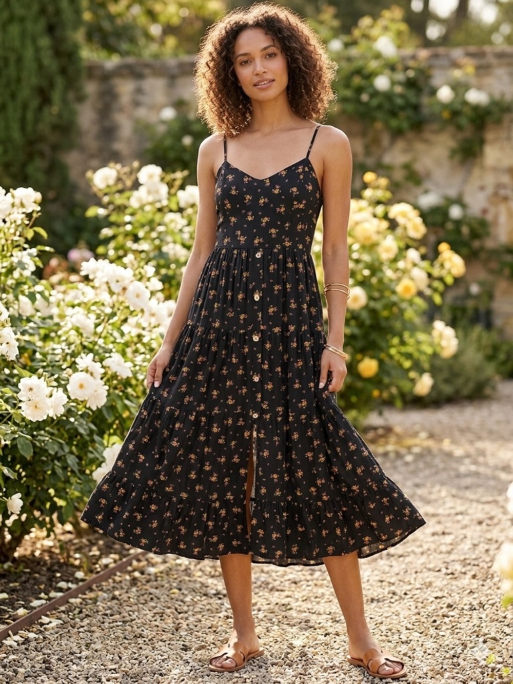 Band of Gypsies Black Floral Tiered Maxi Dress Button Front Built-in Cups Size L